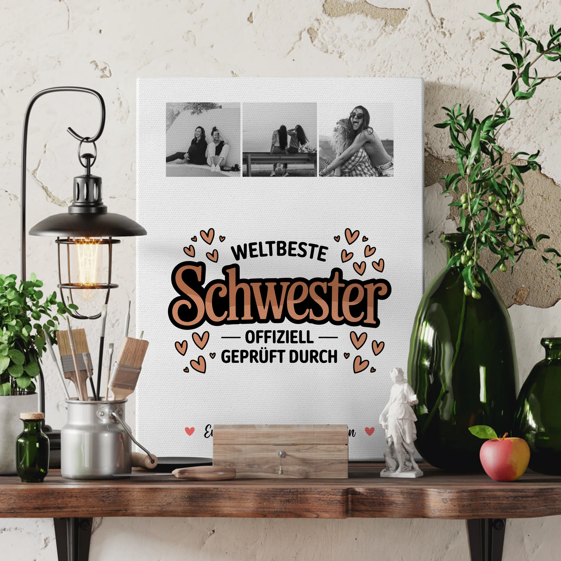 Personalisierte Leinwand Schwester Fotocollage für Schwester Weltbeste Schwester Offiziell Geprüft Durch 3