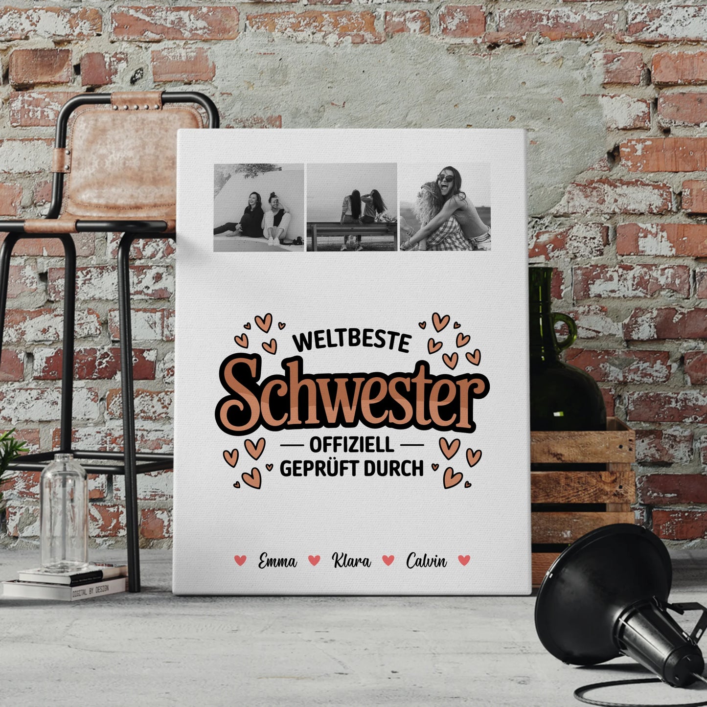 Personalisierte Leinwand Schwester Fotocollage für Schwester Weltbeste Schwester Offiziell Geprüft Durch 4