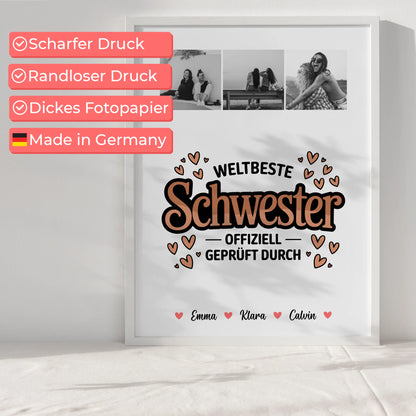 Geschwister Poster Personalisiert Fotocollage für Schwester Weltbeste Schwester Offiziell Geprüft Durch