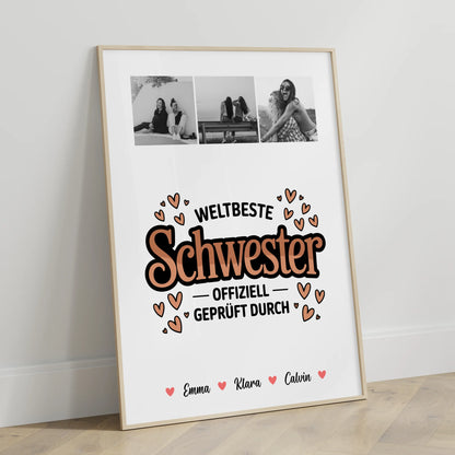 Geschwister Poster Personalisiert Fotocollage für Schwester Weltbeste Schwester Offiziell Geprüft Durch