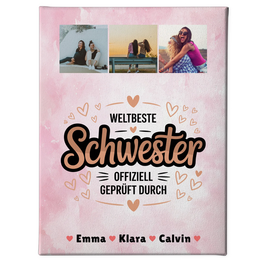 Weltbeste Schwester Leinwand personalisierte Fotocollage Geschenk für Schwester offiziell geprüft 1