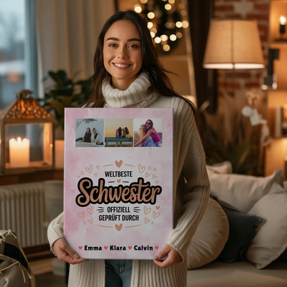 Weltbeste Schwester Leinwand personalisierte Fotocollage Geschenk für Schwester offiziell geprüft 2