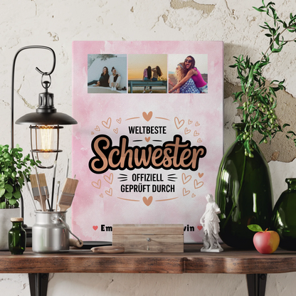 Weltbeste Schwester Leinwand personalisierte Fotocollage Geschenk für Schwester offiziell geprüft 3