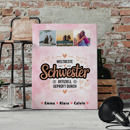 Weltbeste Schwester Leinwand personalisierte Fotocollage Geschenk für Schwester offiziell geprüft 4