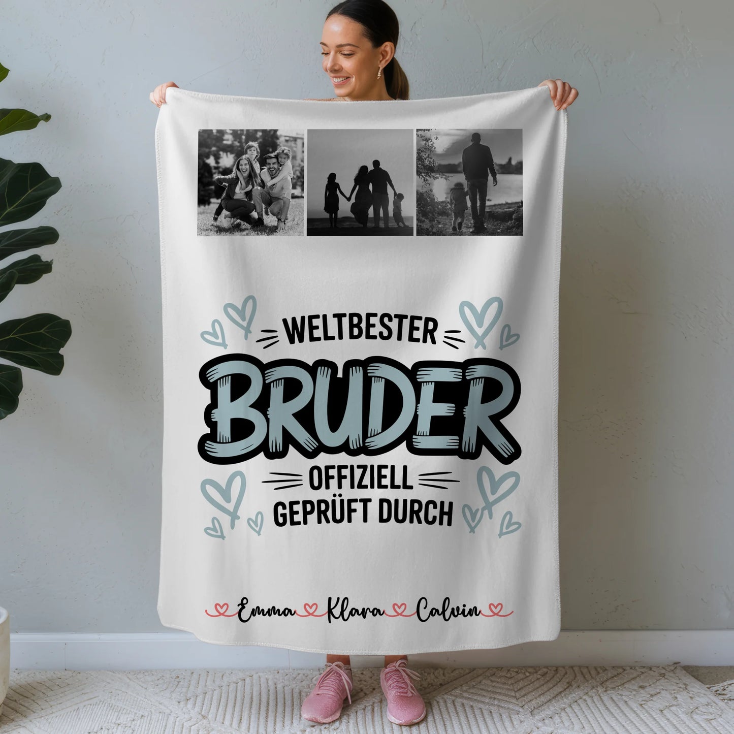 Kuscheldecke Mit Namen und Fotocollage für Bruder Weltbester Bruder Offiziell Geprüft Durch 1