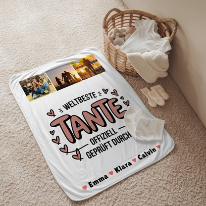 Personalisierte Namensdecke und Tante Fotocollage Weltbeste Tante Offiziell Geprüft Durch 2