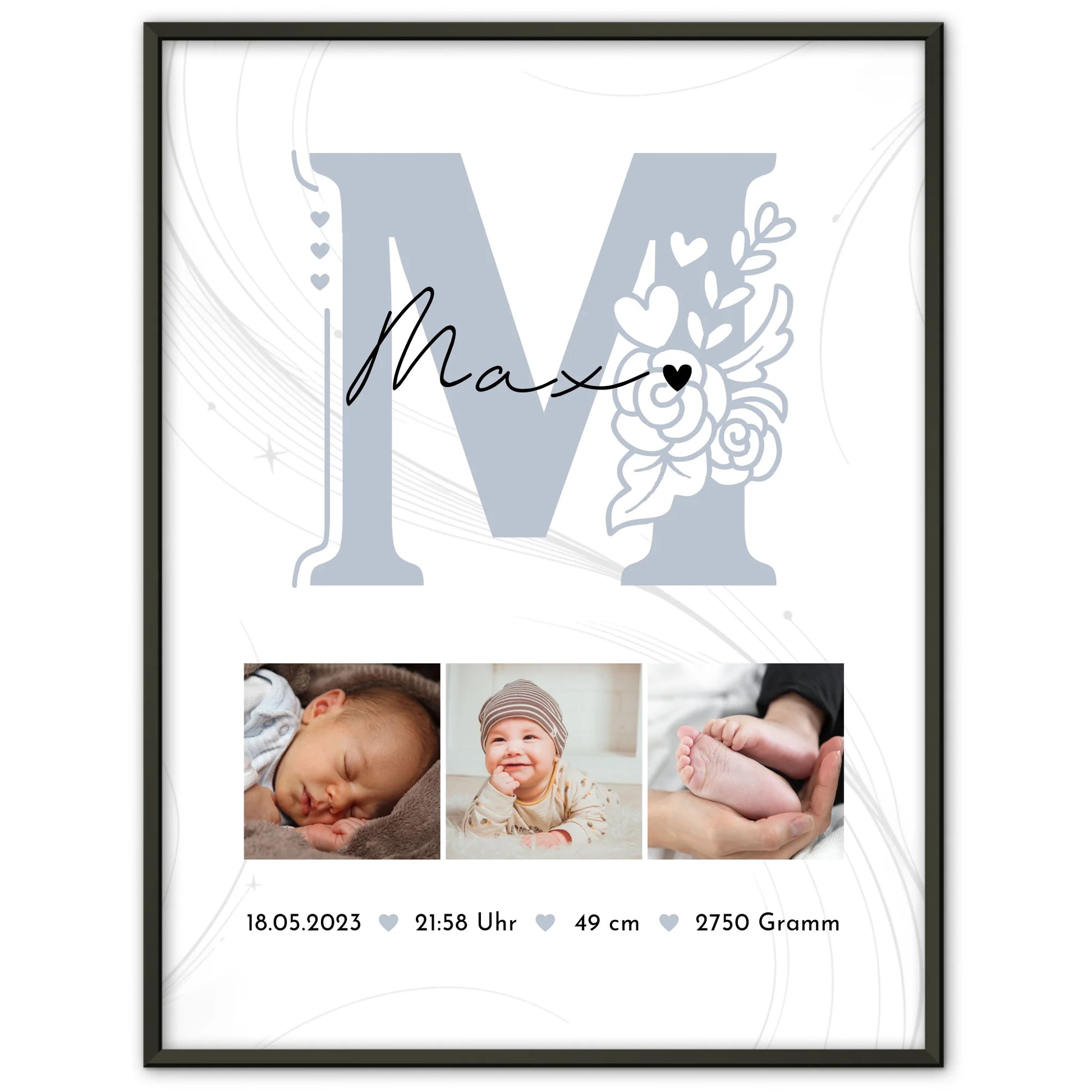 Geburtsdaten Poster zur Geburt Baby Fotocollage mit Geburtsdaten und elegantem Muster 1