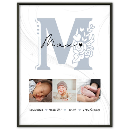 Geburtsdaten Poster zur Geburt Baby Fotocollage mit Geburtsdaten und elegantem Muster 1