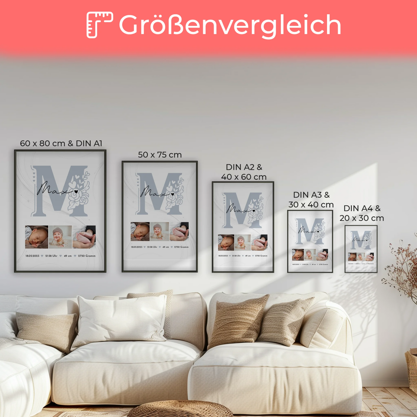 Geburtsdaten Poster zur Geburt Baby Fotocollage mit Geburtsdaten und elegantem Muster 7