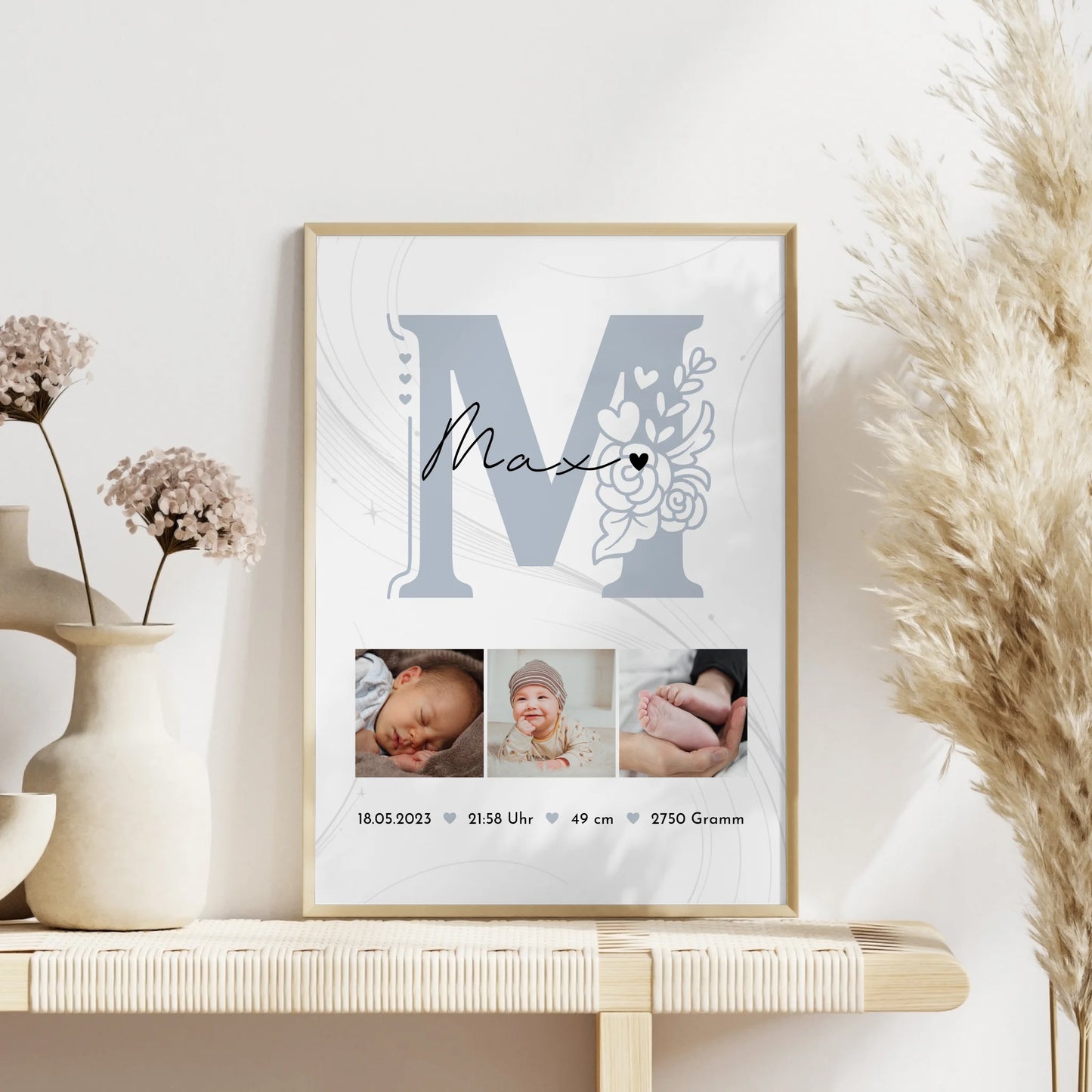 Geburtsdaten Poster zur Geburt Baby Fotocollage mit Geburtsdaten und elegantem Muster 4