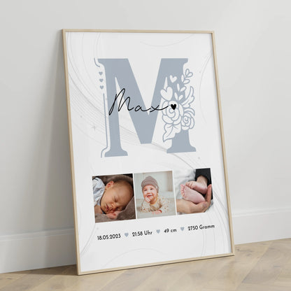 Geburtsdaten Poster zur Geburt Baby Fotocollage mit Geburtsdaten und elegantem Muster 3