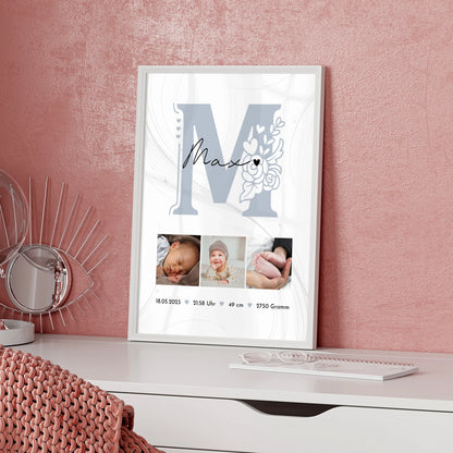 Geburtsdaten Poster zur Geburt Baby Fotocollage mit Geburtsdaten und elegantem Muster 5