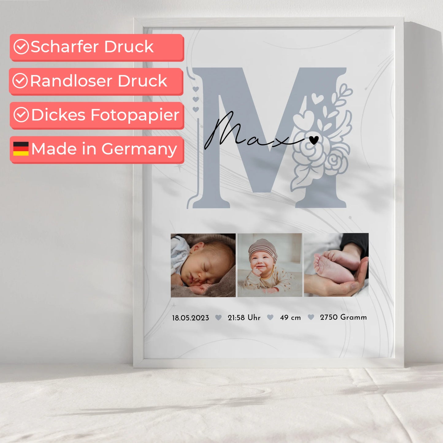 Geburtsdaten Poster zur Geburt Baby Fotocollage mit Geburtsdaten und elegantem Muster 6
