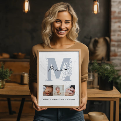 Geburtsdaten Poster zur Geburt Baby Fotocollage mit Geburtsdaten und elegantem Muster 2