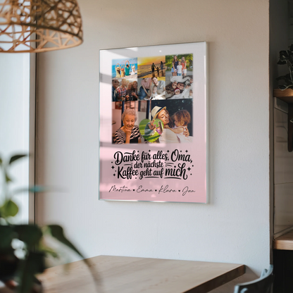 Oma Plakat mit 8 Fotos und Herz Dankesgeschenk Kaffee geht auf mich personalisiert