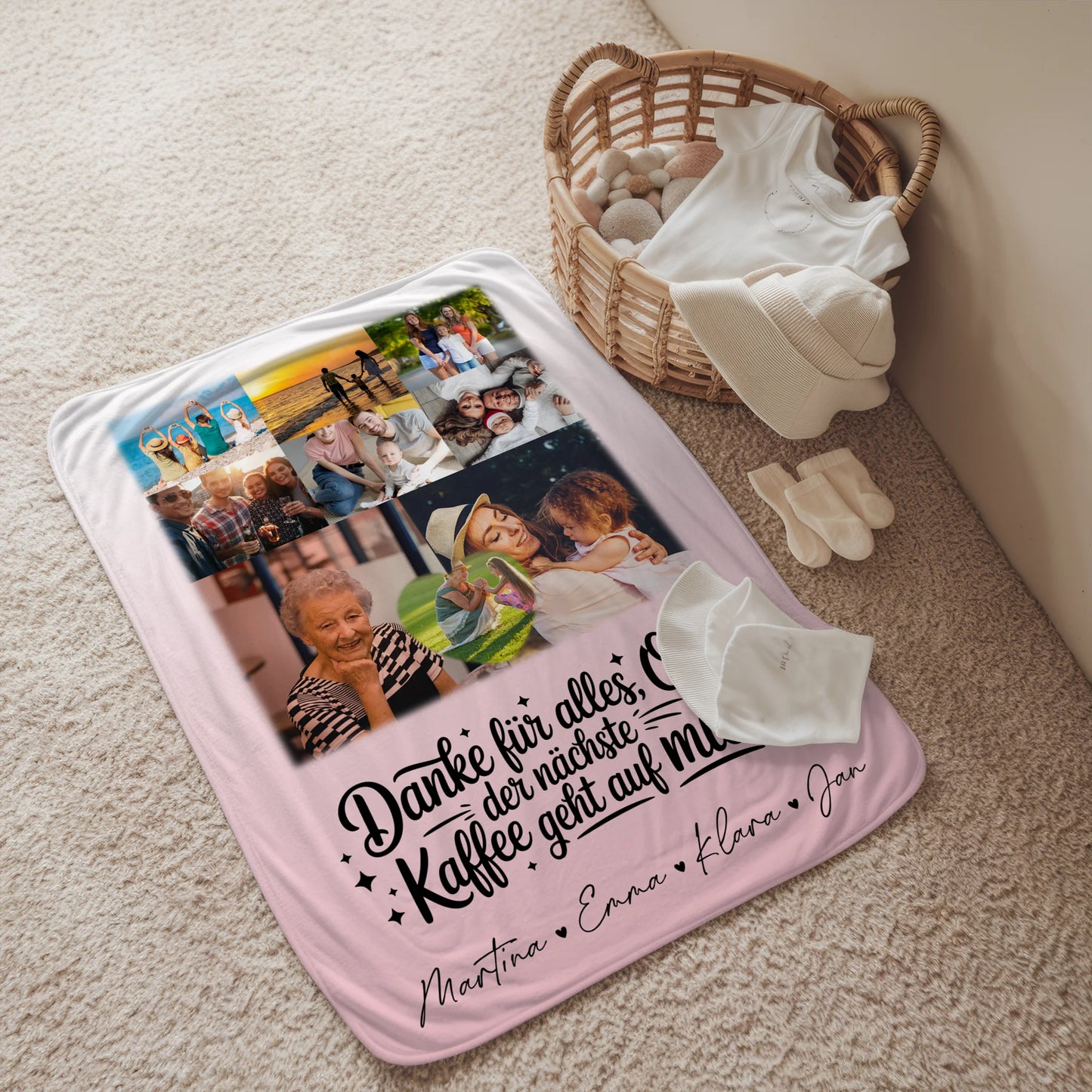 Personalisierte Decke für Oma und Opa mit 8 Fotos und Herz Motiv Danke Oma Kaffee geht auf mich 2