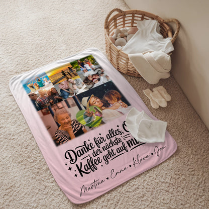 Personalisierte Decke für Oma und Opa mit 8 Fotos und Herz Motiv Danke Oma Kaffee geht auf mich 2