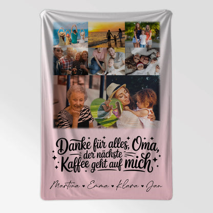 Personalisierte Decke für Oma und Opa mit 8 Fotos und Herz Motiv Danke Oma Kaffee geht auf mich 7