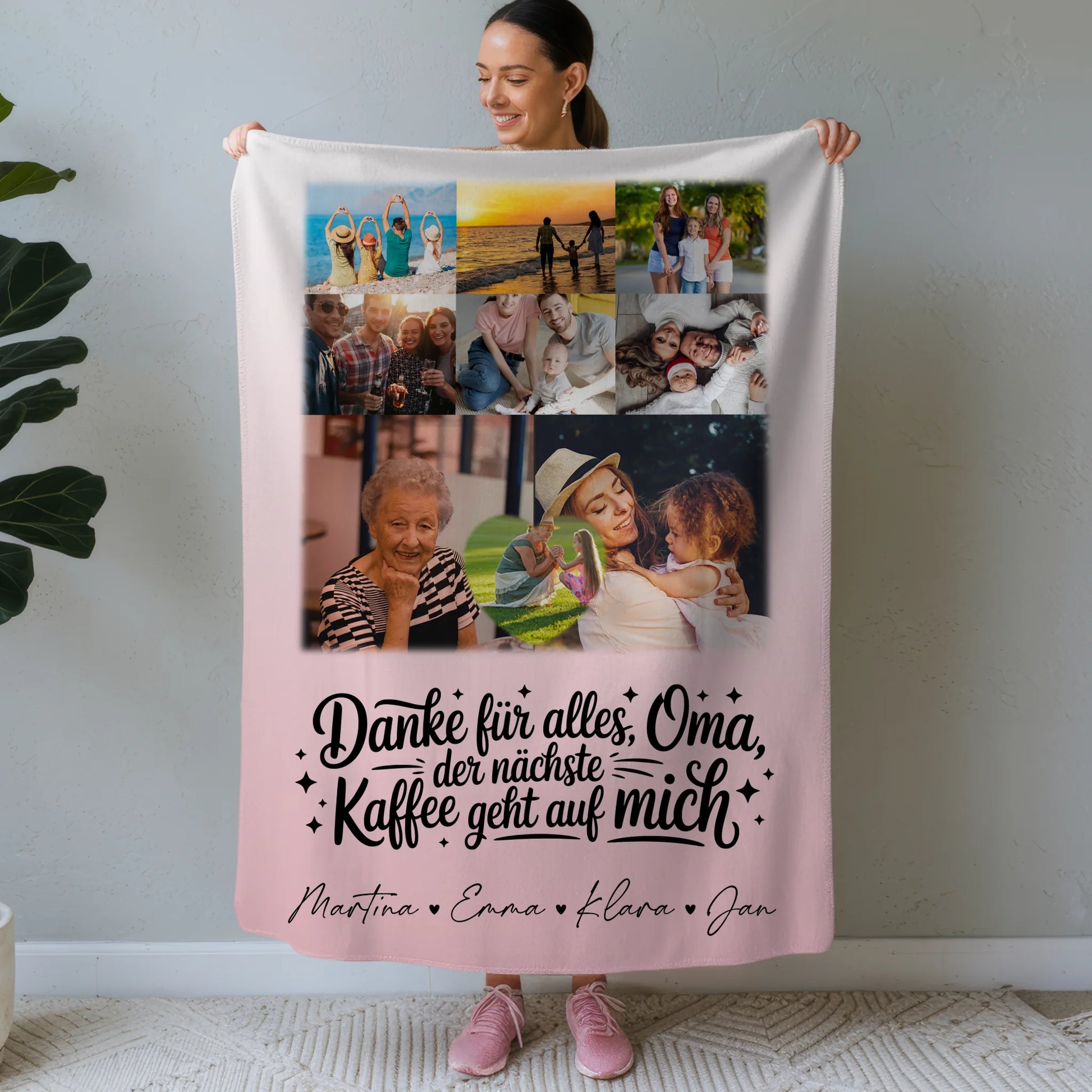 Personalisierte Decke für Oma und Opa mit 8 Fotos und Herz Motiv Danke Oma Kaffee geht auf mich 1