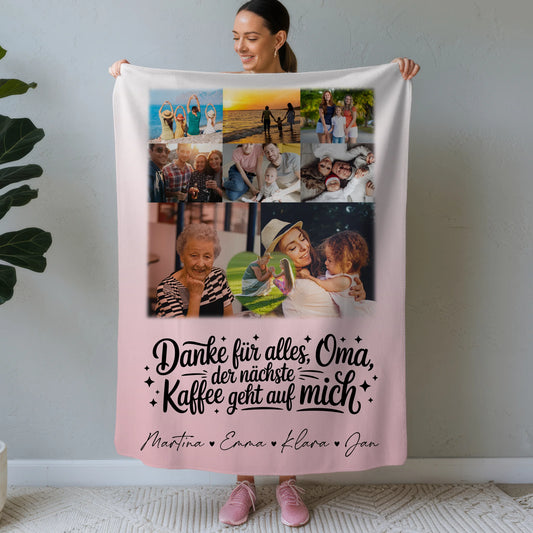 Personalisierte Decke für Oma und Opa mit 8 Fotos und Herz Motiv Danke Oma Kaffee geht auf mich 1
