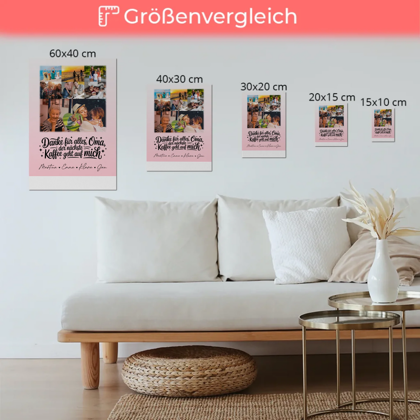 Oma Plakat mit 8 Fotos und Herz Design Danke Oma Kaffee geht auf mich personalisiertes Geschenk