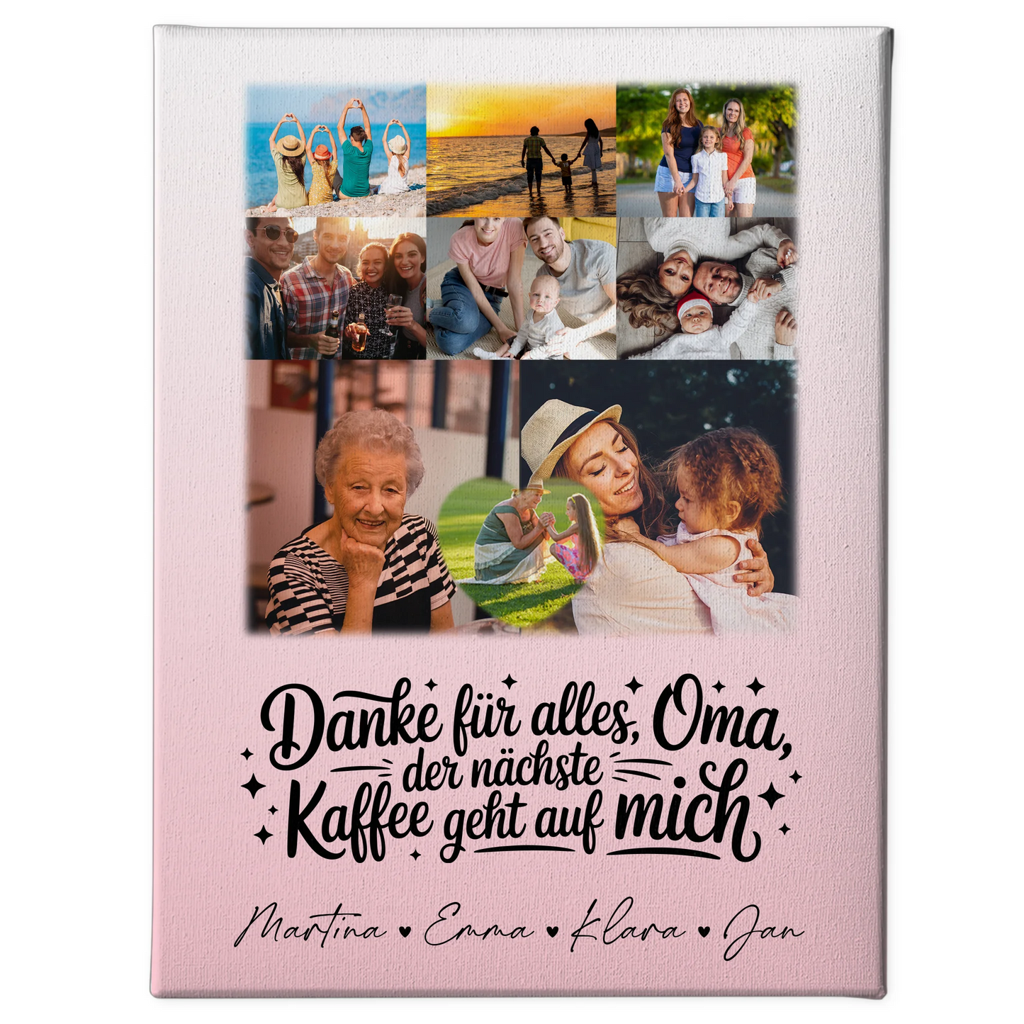 Personalisierte Wandbilder für Oma mit 8 Fotos und Herzmotiv Danke Oma Kaffee geht auf mich 1