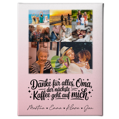 Personalisierte Wandbilder für Oma mit 8 Fotos und Herzmotiv Danke Oma Kaffee geht auf mich 1