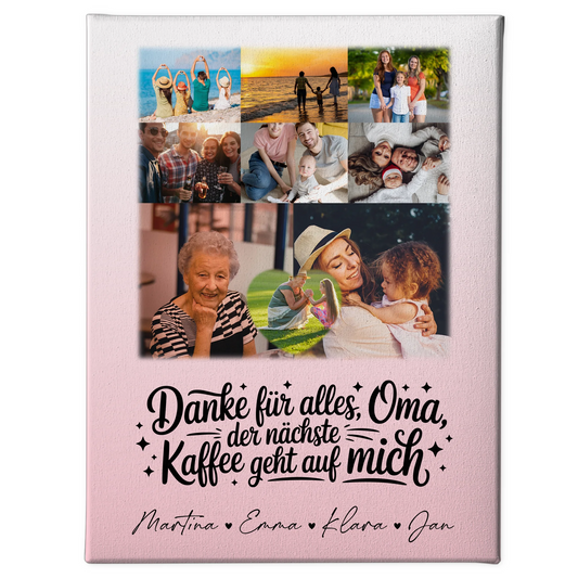 Personalisierte Wandbilder für Oma mit 8 Fotos und Herzmotiv Danke Oma Kaffee geht auf mich 1