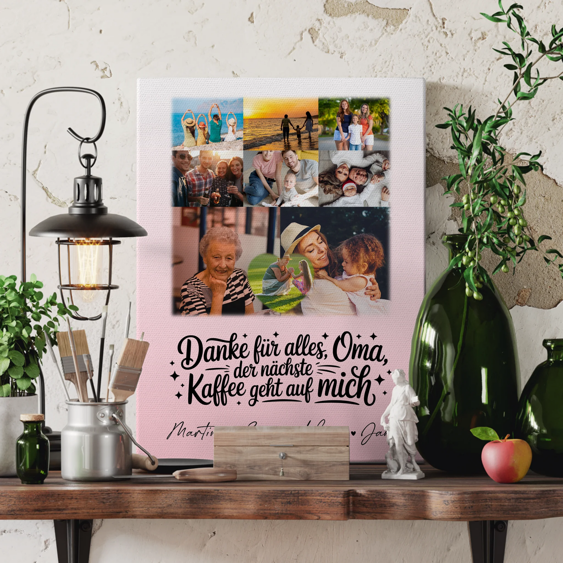 Personalisierte Wandbilder für Oma mit 8 Fotos und Herzmotiv Danke Oma Kaffee geht auf mich 3
