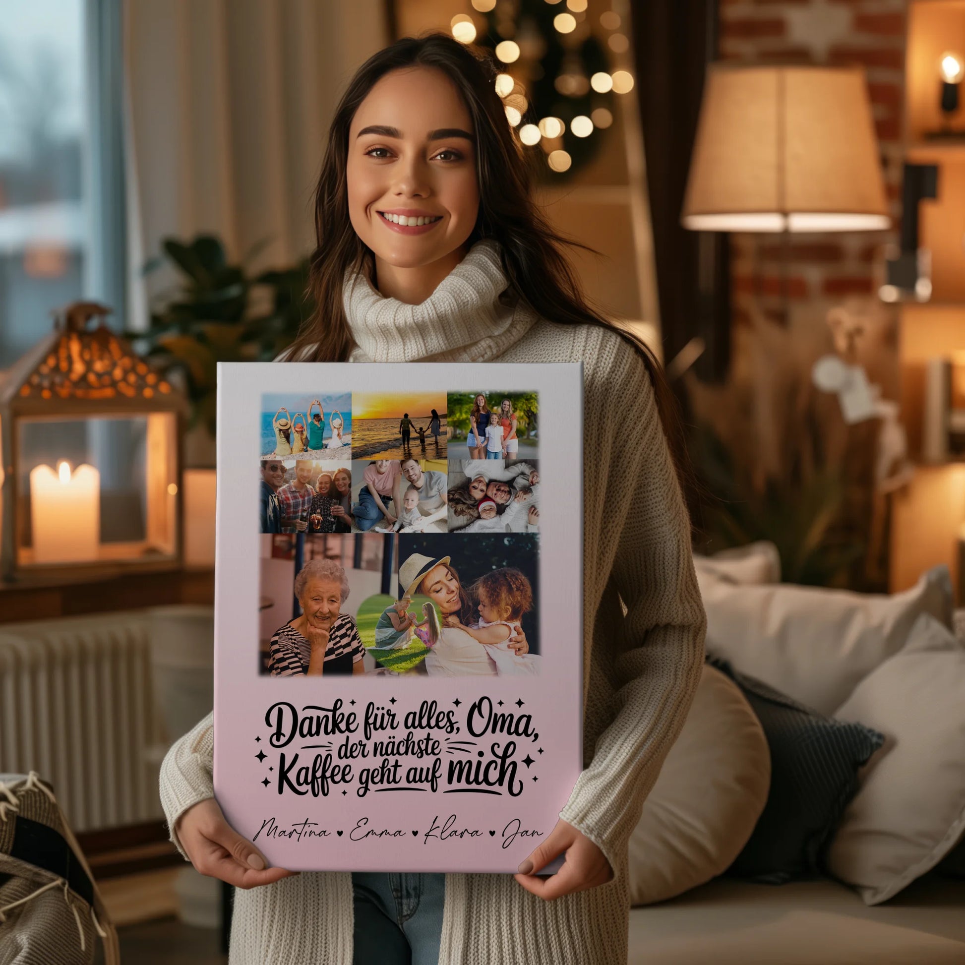 Personalisierte Wandbilder für Oma mit 8 Fotos und Herzmotiv Danke Oma Kaffee geht auf mich 2