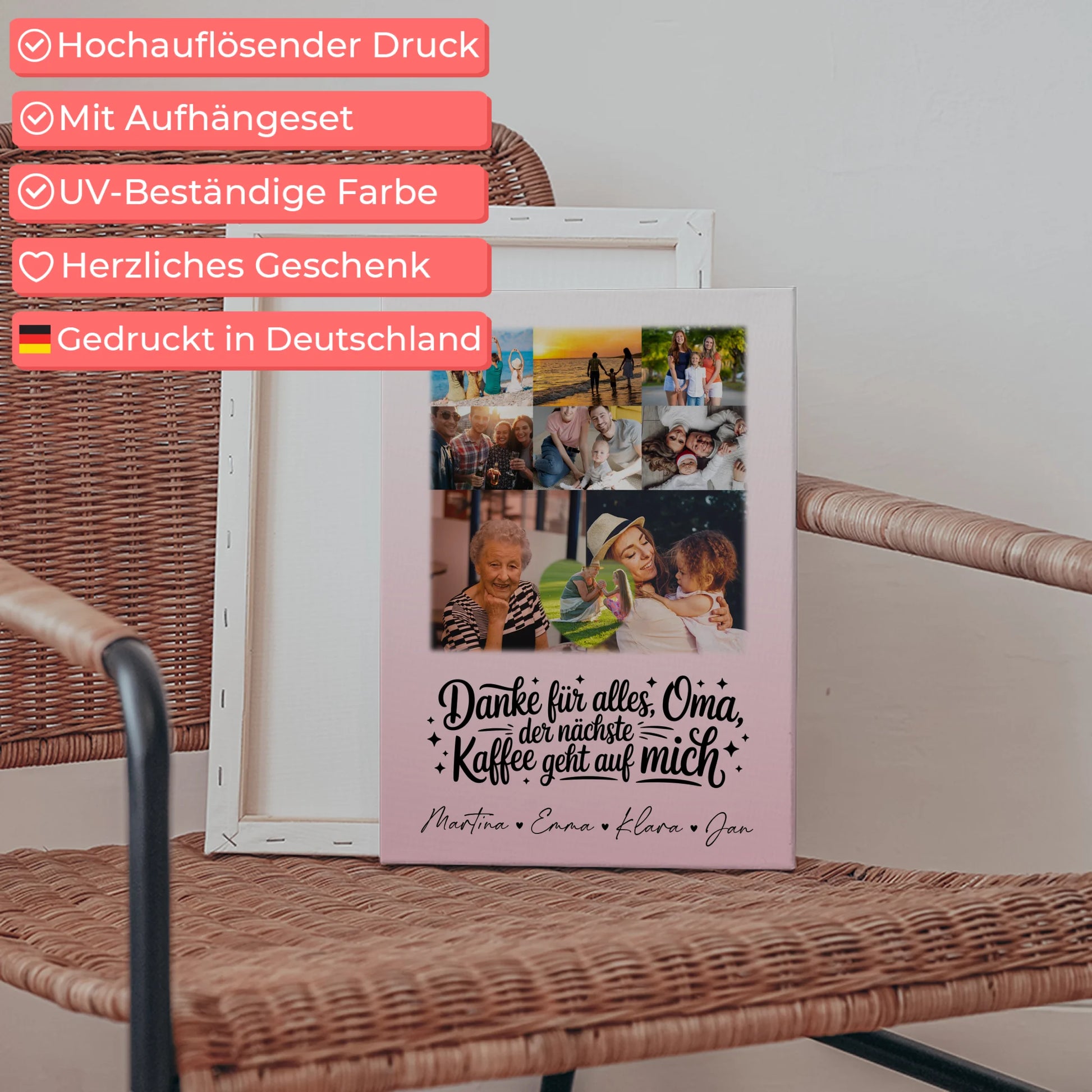 Personalisierte Wandbilder für Oma mit 8 Fotos und Herzmotiv Danke Oma Kaffee geht auf mich 5