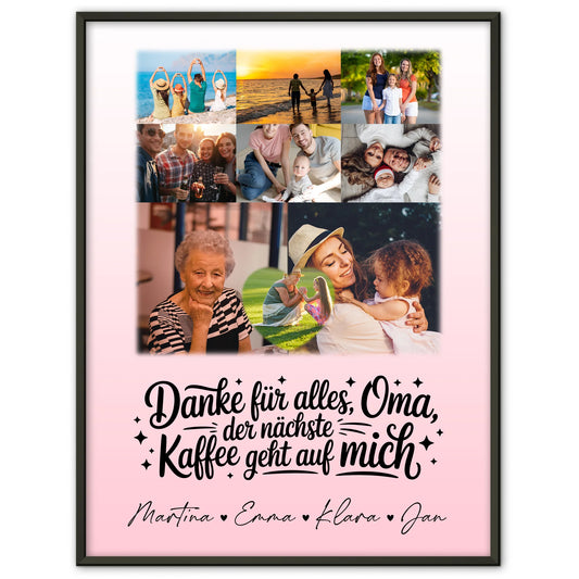 Oma Plakat mit 8 Fotos und Herz Dankeschön Geschenk Kaffee geht auf mich