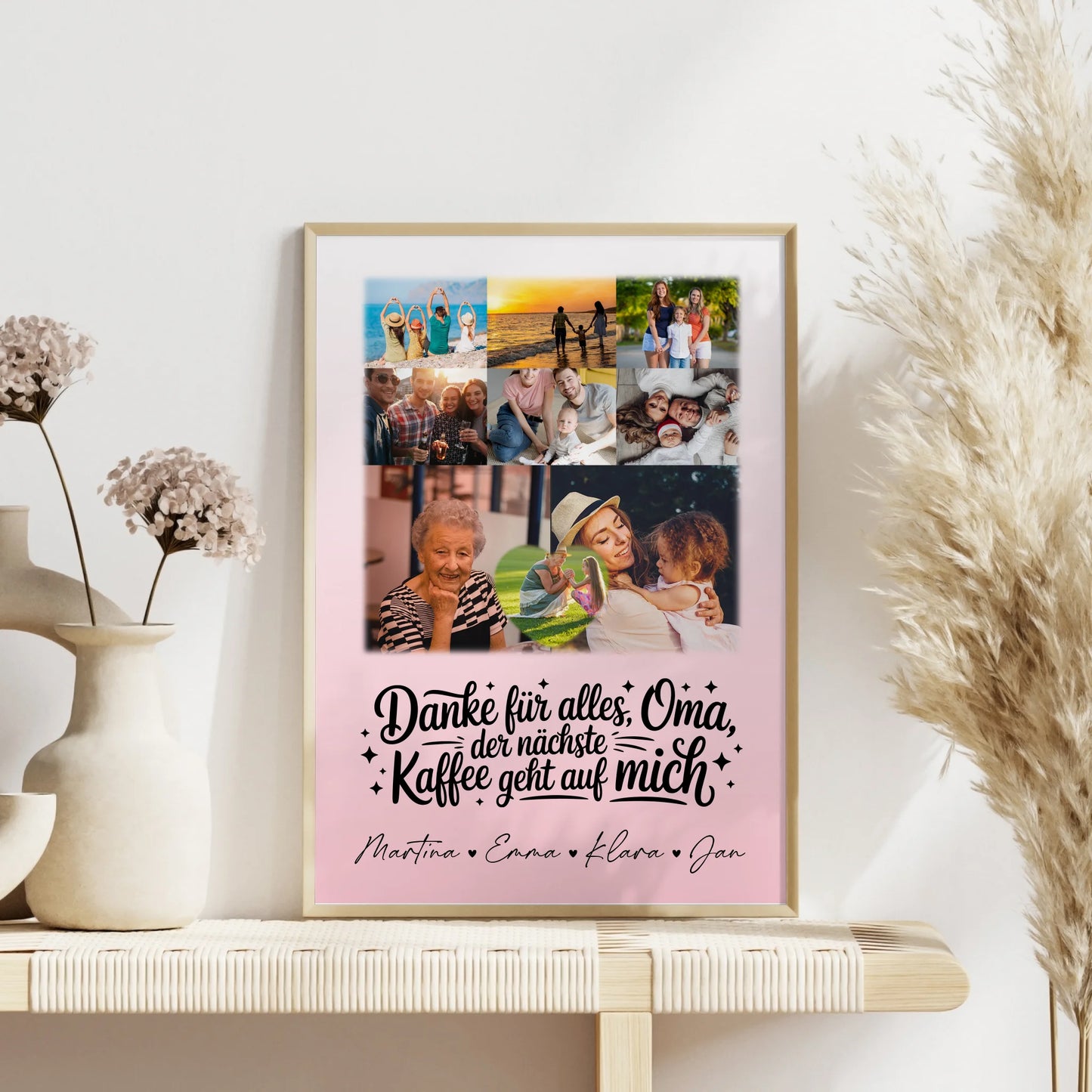 Oma Plakat mit 8 Fotos und Herz Dankeschön Geschenk Kaffee geht auf mich