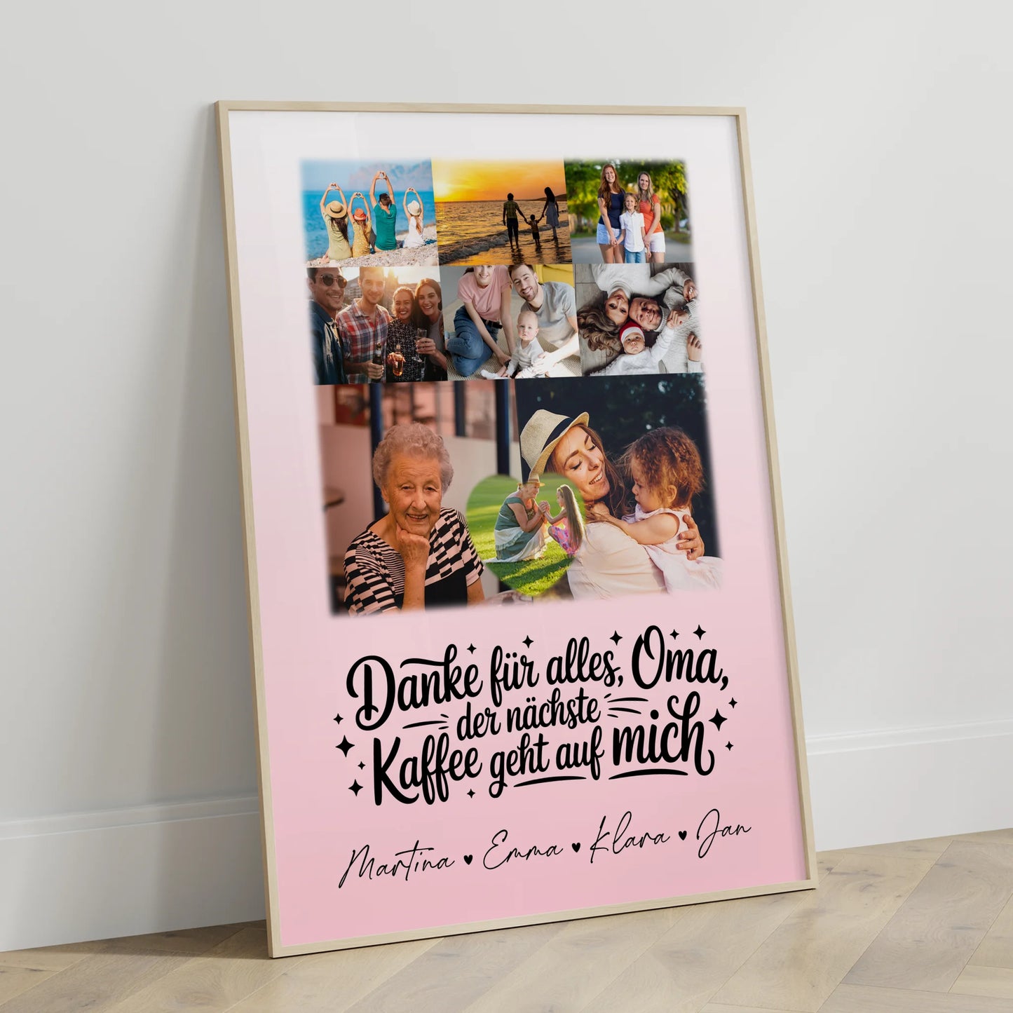 Oma Plakat mit 8 Fotos und Herz Dankeschön Geschenk Kaffee geht auf mich