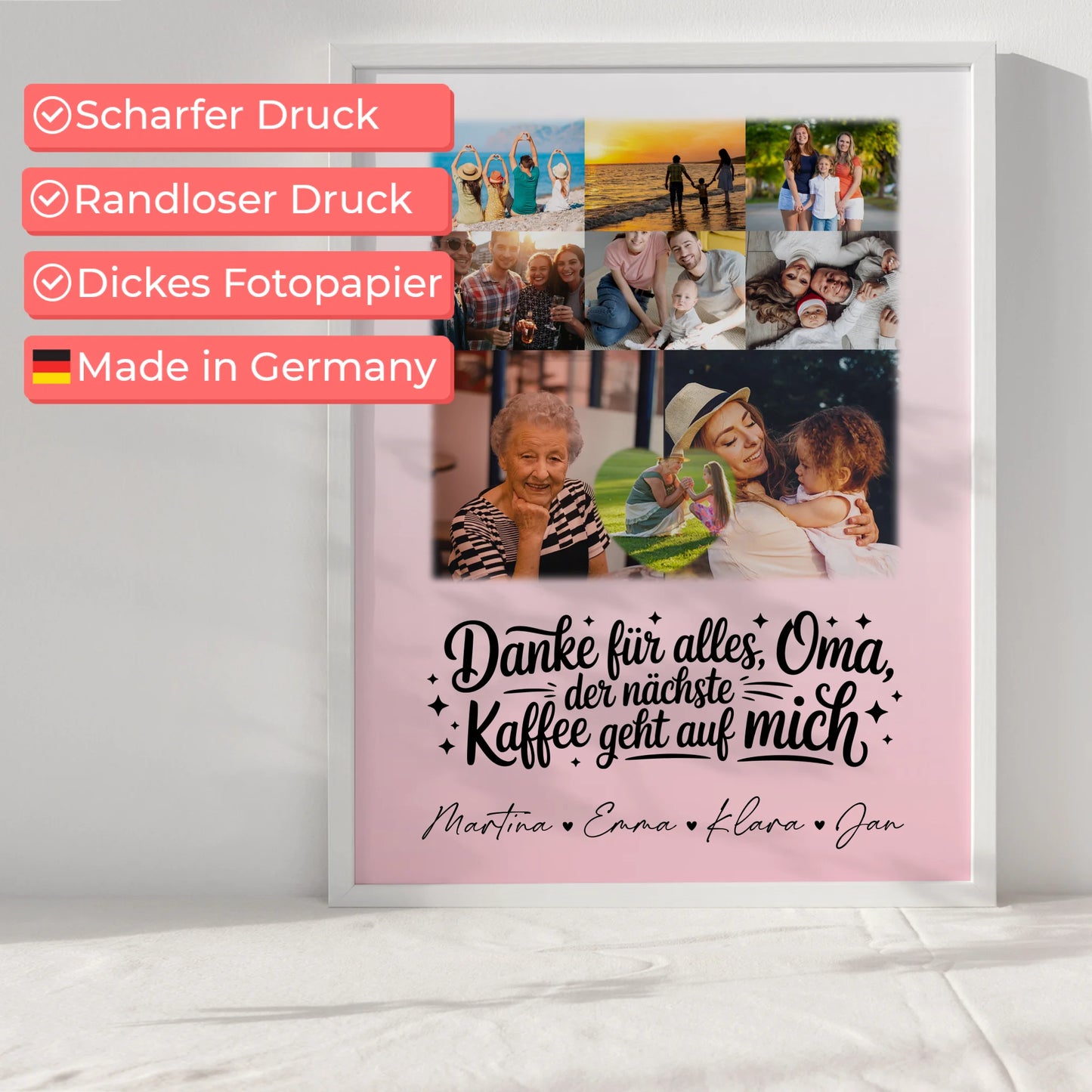 Oma Plakat mit 8 Fotos und Herz Dankeschön Geschenk Kaffee geht auf mich