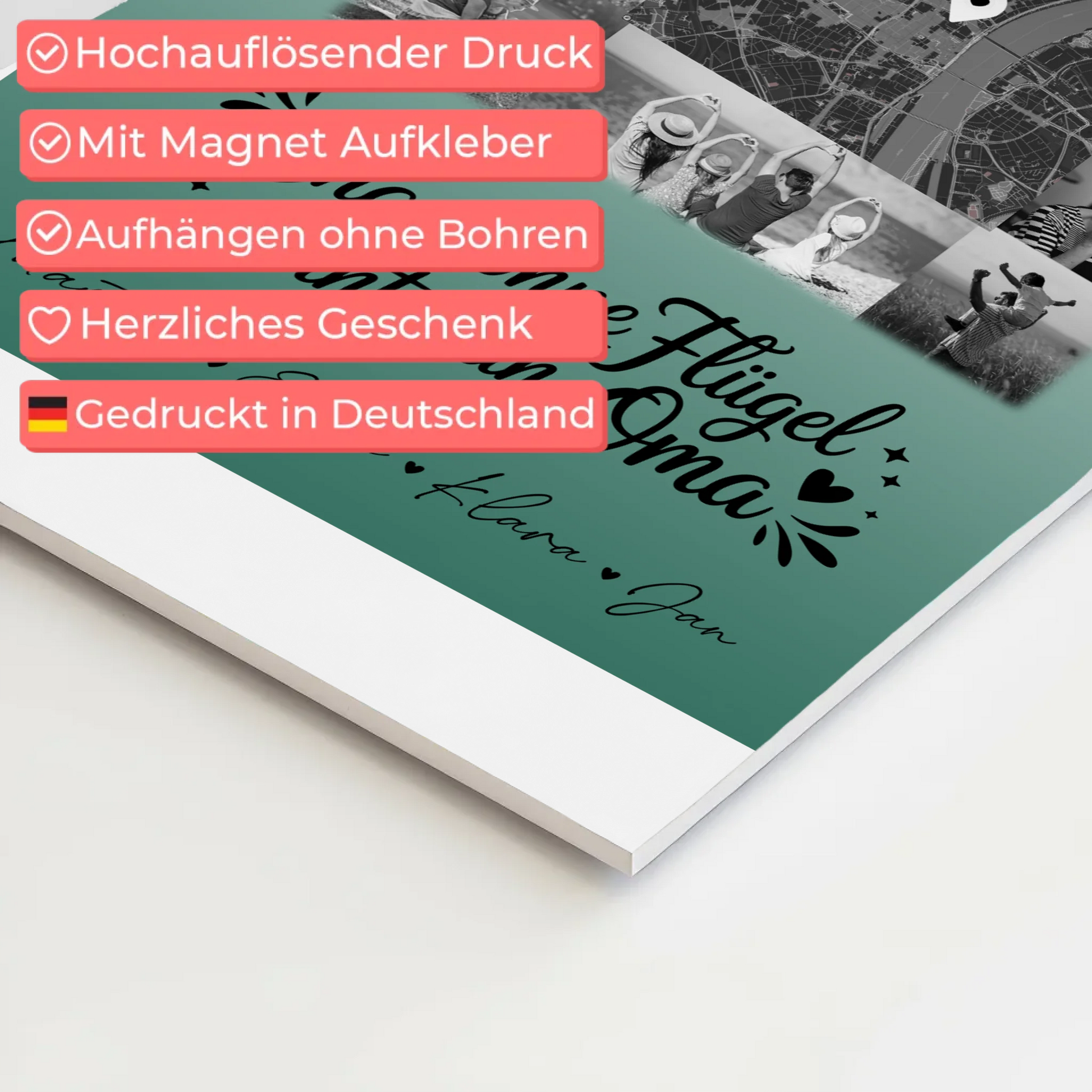 Personalisiertes Oma Plakat Fotoboard mit 10 Fotos und Karte in der Mitte Bruder ist ein Engel Schwarz-Weiß 4