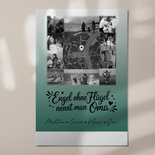 Personalisiertes Oma Plakat Fotoboard mit 10 Fotos und Karte in der Mitte Bruder ist ein Engel Schwarz-Weiß 1