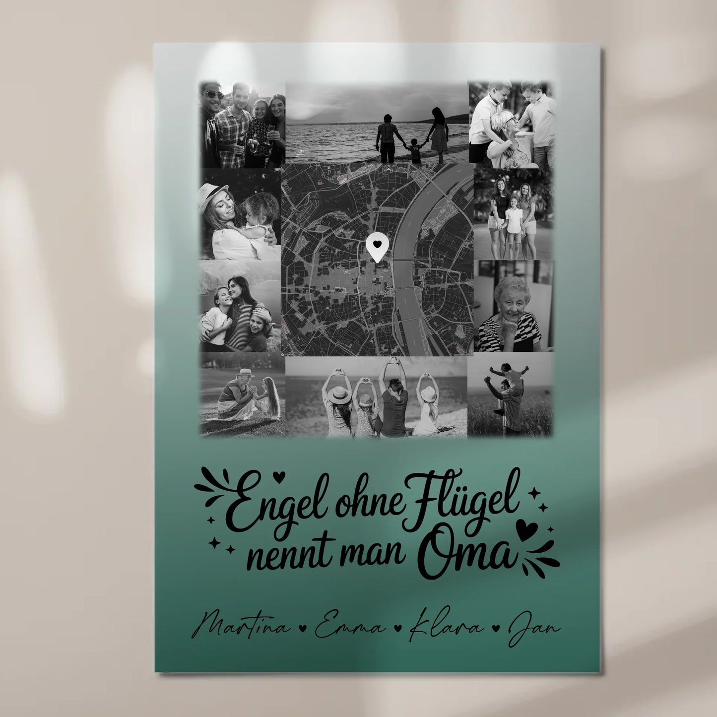 Personalisiertes Oma Plakat Fotoboard mit 10 Fotos und Karte in der Mitte Bruder ist ein Engel Schwarz-Weiß 7