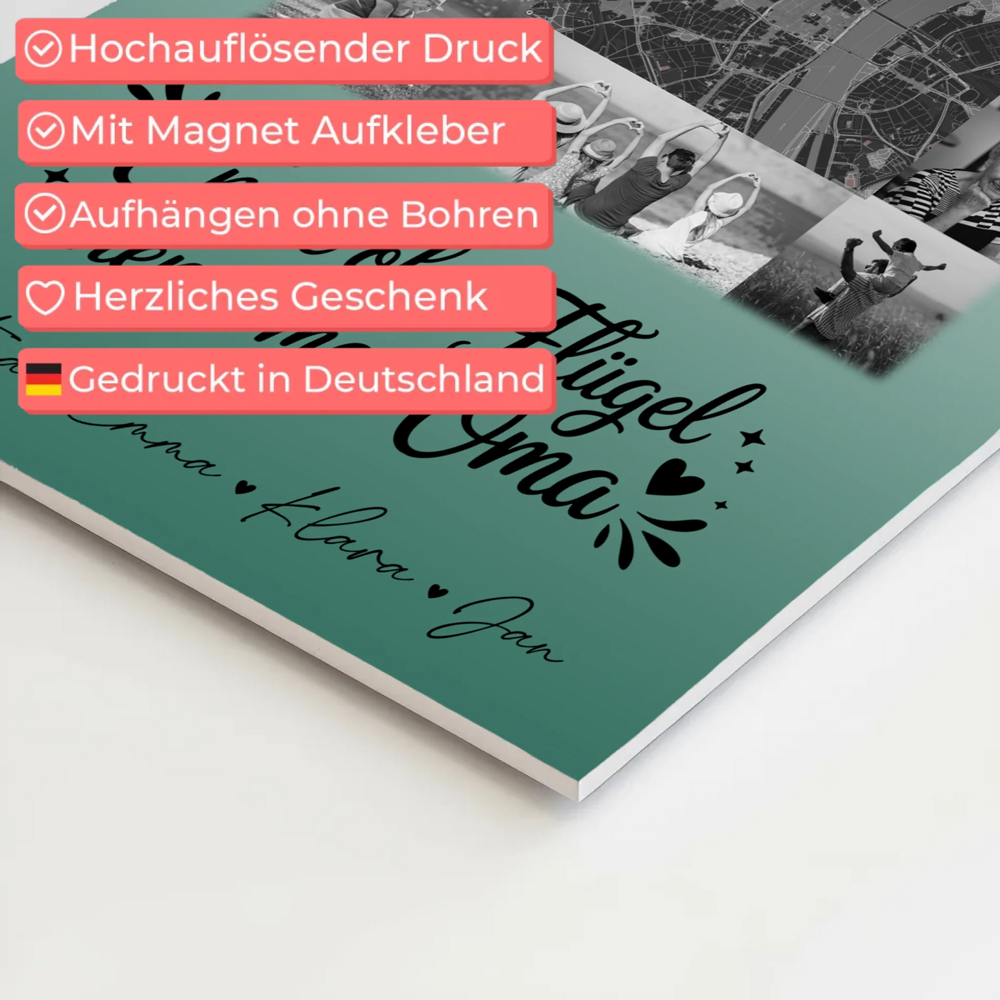 Personalisiertes Oma Plakat Fotoboard mit 10 Fotos und Karte in der Mitte Bruder ist ein Engel Schwarz-Weiß 10