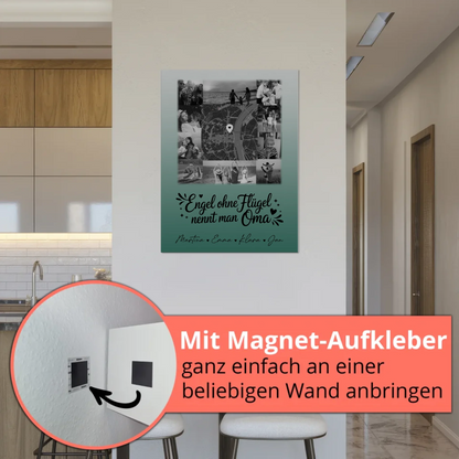 Personalisiertes Oma Plakat Fotoboard mit 10 Fotos und Karte in der Mitte Bruder ist ein Engel Schwarz-Weiß