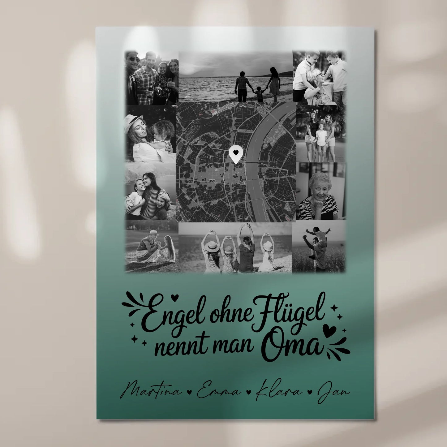 Personalisiertes Oma Plakat Fotoboard mit 10 Fotos und Karte in der Mitte Bruder ist ein Engel Schwarz-Weiß