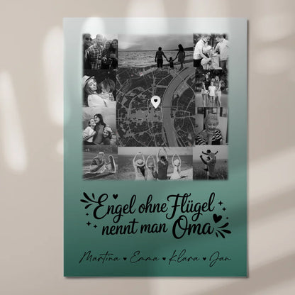 Personalisiertes Oma Plakat Fotoboard mit 10 Fotos und Karte in der Mitte Bruder ist ein Engel Schwarz-Weiß