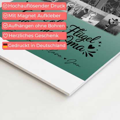 Personalisiertes Oma Plakat Fotoboard mit 10 Fotos und Karte in der Mitte Bruder ist ein Engel Schwarz-Weiß