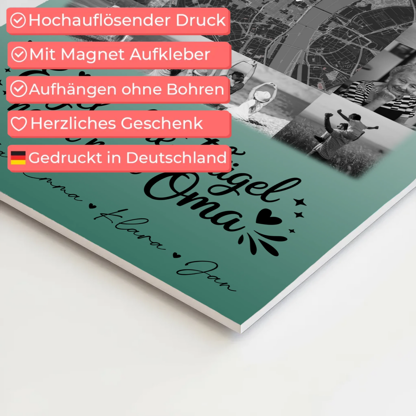 Personalisiertes Oma Plakat Fotoboard mit 10 Fotos und Karte in der Mitte Bruder ist ein Engel Schwarz-Weiß