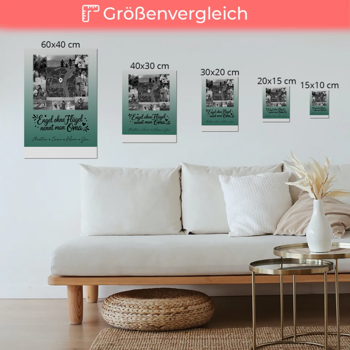 Personalisiertes Oma Plakat Fotoboard mit 10 Fotos und Karte in der Mitte Bruder ist ein Engel Schwarz-Weiß