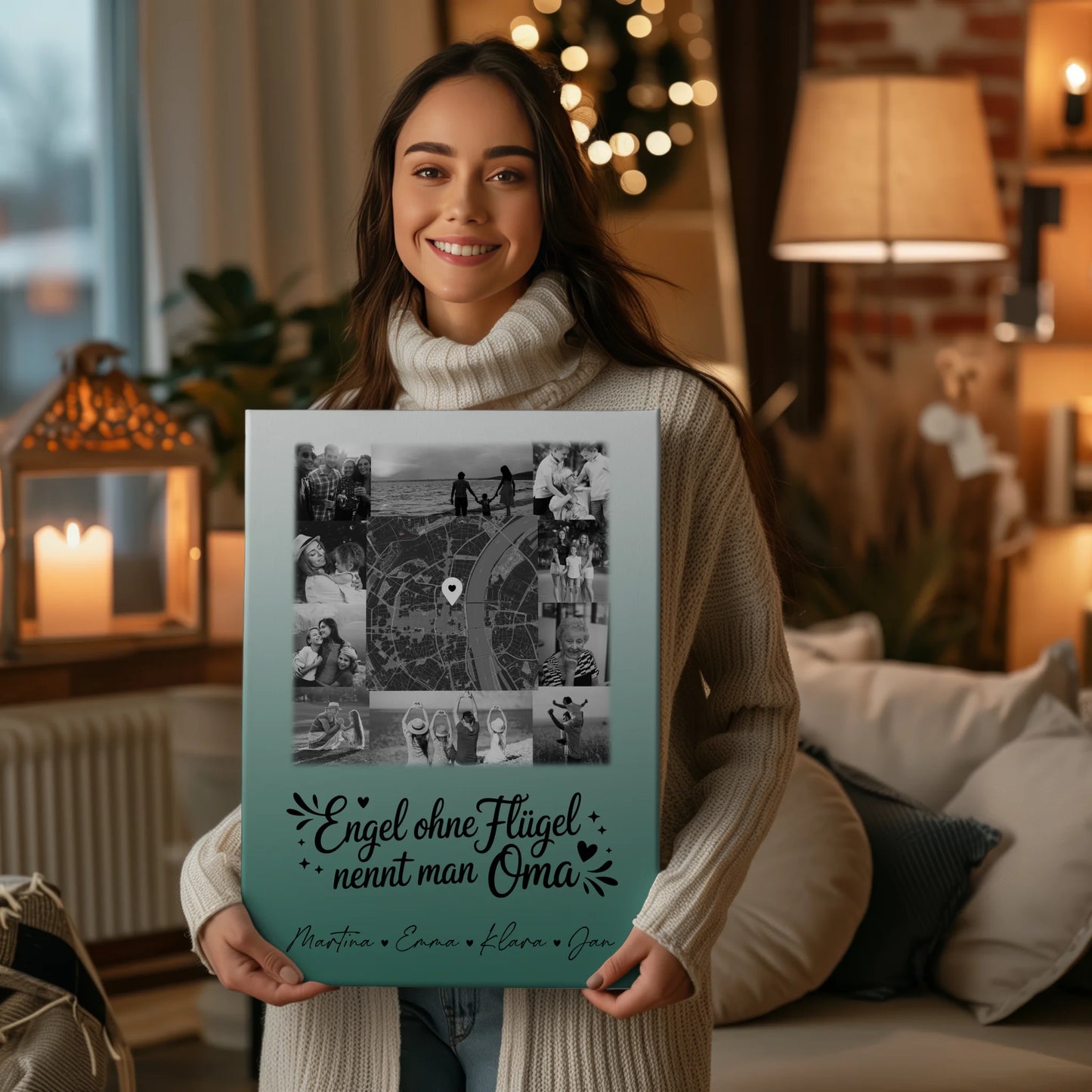 Personalisiertes Oma Plakat Leinwand mit 10 Fotos und Karte in der Mitte Bruder ist ein Engel Schwarz-Weiß 2