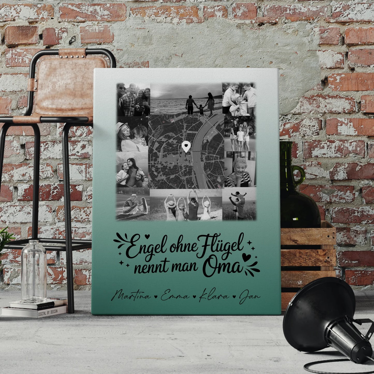 Personalisiertes Oma Plakat Leinwand mit 10 Fotos und Karte in der Mitte Bruder ist ein Engel Schwarz-Weiß 4