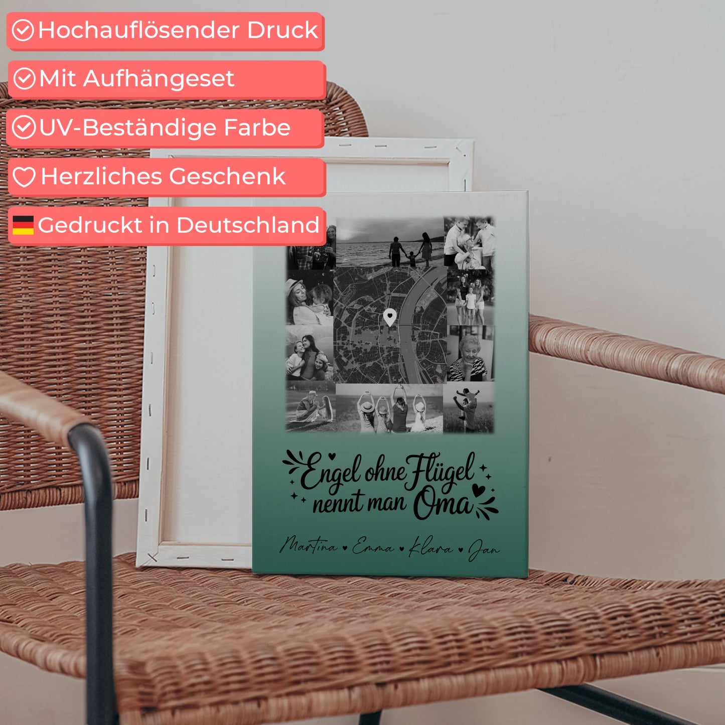 Personalisiertes Oma Plakat Leinwand mit 10 Fotos und Karte in der Mitte Bruder ist ein Engel Schwarz-Weiß 5