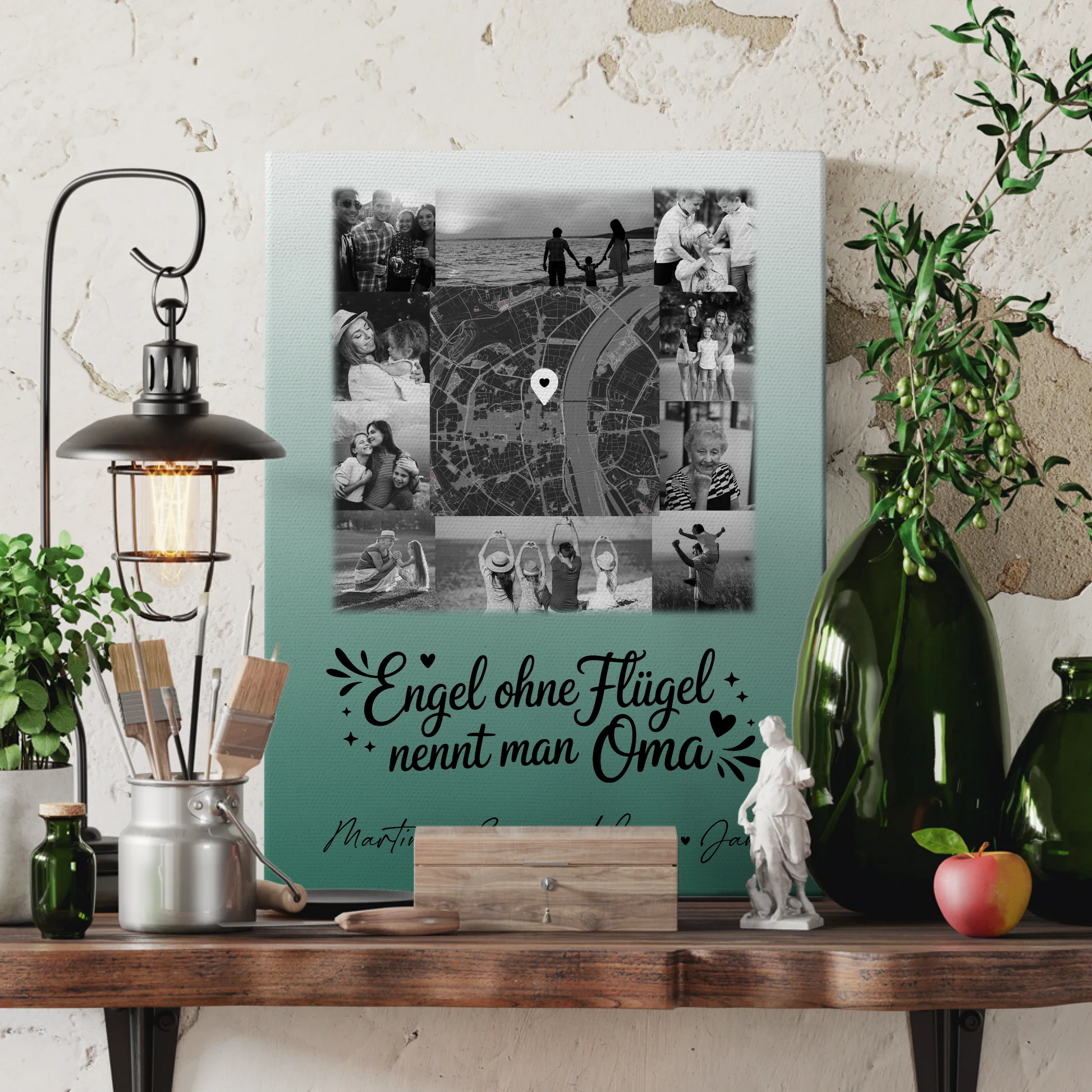 Personalisiertes Oma Plakat Leinwand mit 10 Fotos und Karte in der Mitte Bruder ist ein Engel Schwarz-Weiß 3