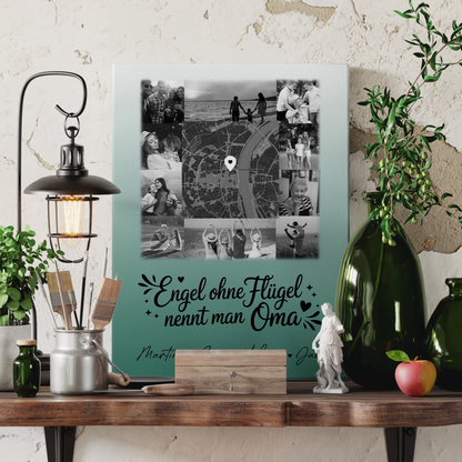 Personalisiertes Oma Plakat Leinwand mit 10 Fotos und Karte in der Mitte Bruder ist ein Engel Schwarz-Weiß 3